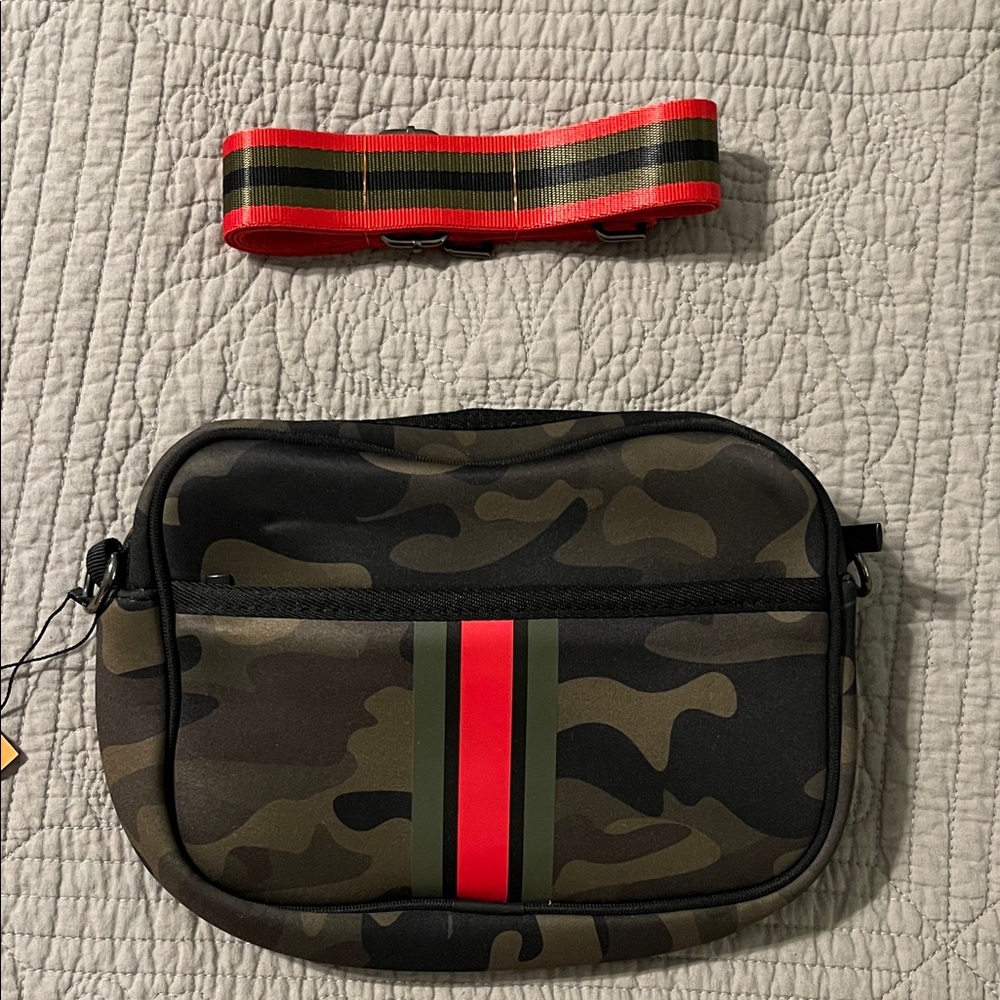 Haute Shore Camouflage Neoprene Crossbody Bag with Red Stripe